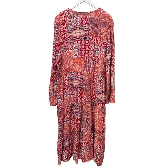Denim & Co. Canyon Retreat Printed Tiered Midi Dress Size XL Rayon Coral Red - Picture 6 of 10